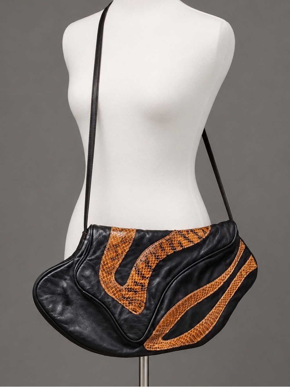 Vintage Black Soft Leather Shoulder Bag Snakeskin Inlay Slouch Hobo Boho Artisan